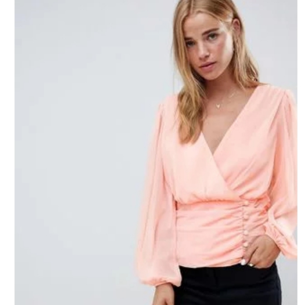 asos peach sheer long sleeve wrap blouse - Picture 3 of 7